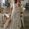 Casual Loose V-neck Printed  Long Dress