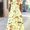 Blumenmuster Midi-Kleid Jersey Rundhals Kurzarm lssiger Stil Noracora