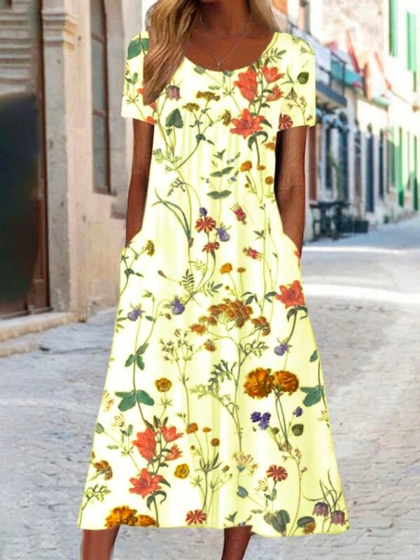 Blumenmuster Midi-Kleid Jersey Rundhals Kurzarm lssiger Stil Noracora