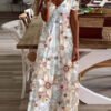 Casual Floral Print Panel V-Neck Short Sleeve Maxi Dress