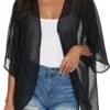 Women's Floral Print Puff Sleeve Kimono Cardigan Loose Cover Up Casual Blouse Tops