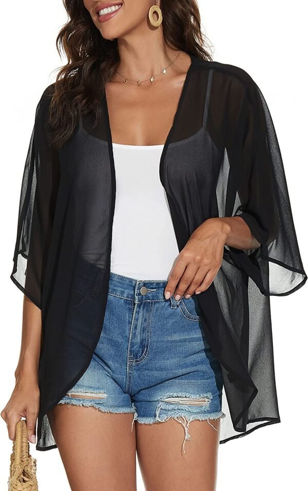 Women's Floral Print Puff Sleeve Kimono Cardigan Loose Cover Up Casual Blouse Tops