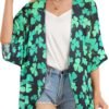 Women's Floral Print Puff Sleeve Kimono Cardigan Loose Cover Up Casual Blouse Tops