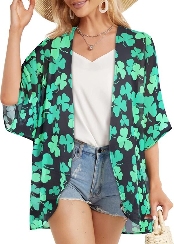 Women's Floral Print Puff Sleeve Kimono Cardigan Loose Cover Up Casual Blouse Tops