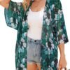 Women's Floral Print Puff Sleeve Kimono Cardigan Loose Cover Up Casual Blouse Tops