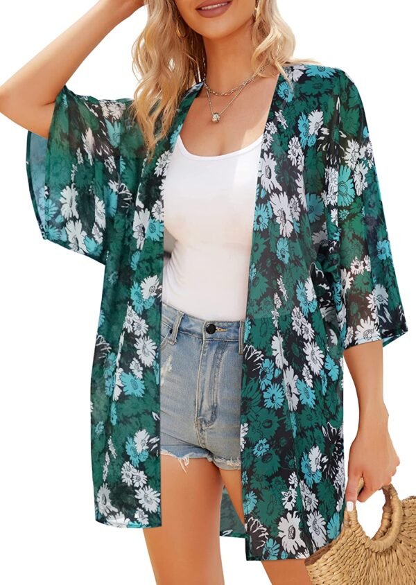Women's Floral Print Puff Sleeve Kimono Cardigan Loose Cover Up Casual Blouse Tops