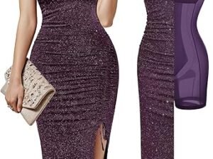 Sparkly Cocktail Dresses for Women Tummy Control Formal Shapewear Dress Square Neck Ruched Midi Dress Side Slit