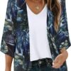 Women's Floral Print Puff Sleeve Kimono Cardigan Loose Cover Up Casual Blouse Tops