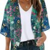 Women's Floral Print Puff Sleeve Kimono Cardigan Loose Cover Up Casual Blouse Tops