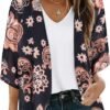 Women's Floral Print Puff Sleeve Kimono Cardigan Loose Cover Up Casual Blouse Tops
