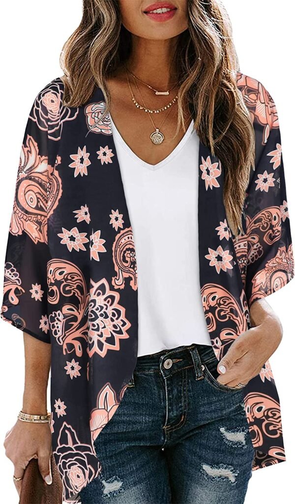 Women's Floral Print Puff Sleeve Kimono Cardigan Loose Cover Up Casual Blouse Tops