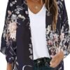 Women's Floral Print Puff Sleeve Kimono Cardigan Loose Cover Up Casual Blouse Tops
