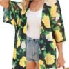 Women's Floral Print Puff Sleeve Kimono Cardigan Loose Cover Up Casual Blouse Tops