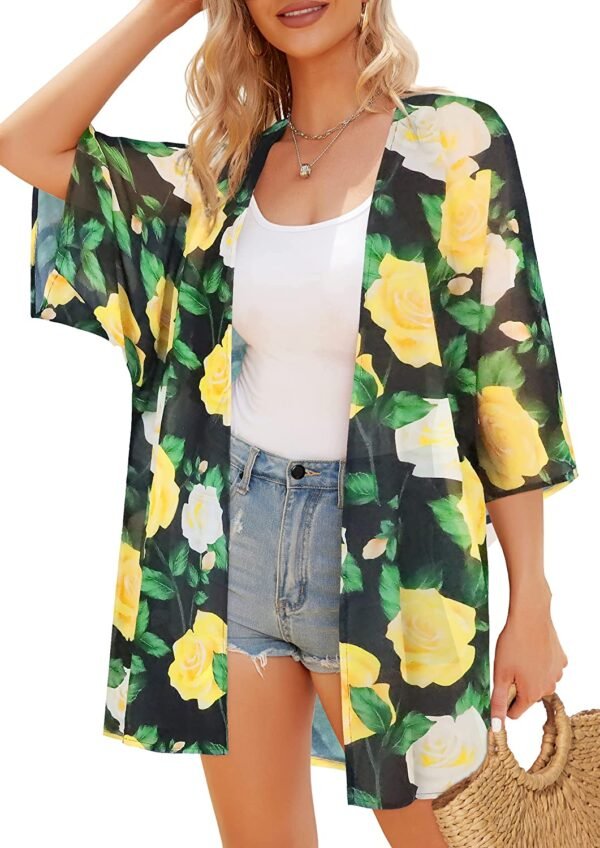 Women's Floral Print Puff Sleeve Kimono Cardigan Loose Cover Up Casual Blouse Tops