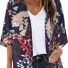 Women's Floral Print Puff Sleeve Kimono Cardigan Loose Cover Up Casual Blouse Tops