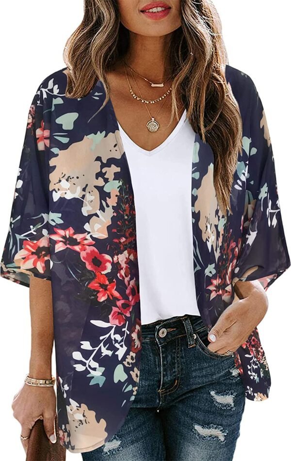 Women's Floral Print Puff Sleeve Kimono Cardigan Loose Cover Up Casual Blouse Tops