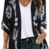 Women's Floral Print Puff Sleeve Kimono Cardigan Loose Cover Up Casual Blouse Tops