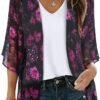 Women's Floral Print Puff Sleeve Kimono Cardigan Loose Cover Up Casual Blouse Tops