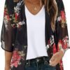 Women's Floral Print Puff Sleeve Kimono Cardigan Loose Cover Up Casual Blouse Tops