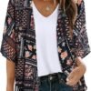Women's Floral Print Puff Sleeve Kimono Cardigan Loose Cover Up Casual Blouse Tops