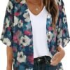 Women's Floral Print Puff Sleeve Kimono Cardigan Loose Cover Up Casual Blouse Tops