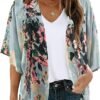 Women's Floral Print Puff Sleeve Kimono Cardigan Loose Cover Up Casual Blouse Tops