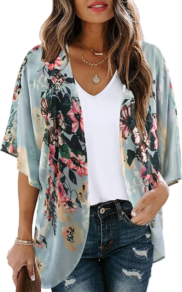 Women's Floral Print Puff Sleeve Kimono Cardigan Loose Cover Up Casual Blouse Tops