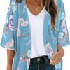Women's Floral Print Puff Sleeve Kimono Cardigan Loose Cover Up Casual Blouse Tops