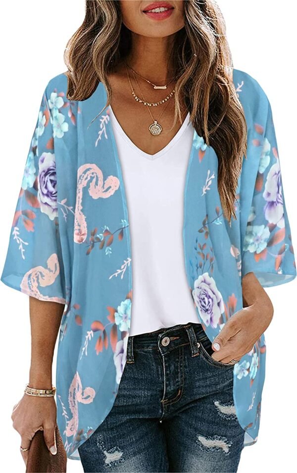Women's Floral Print Puff Sleeve Kimono Cardigan Loose Cover Up Casual Blouse Tops