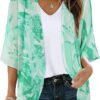 Women's Floral Print Puff Sleeve Kimono Cardigan Loose Cover Up Casual Blouse Tops