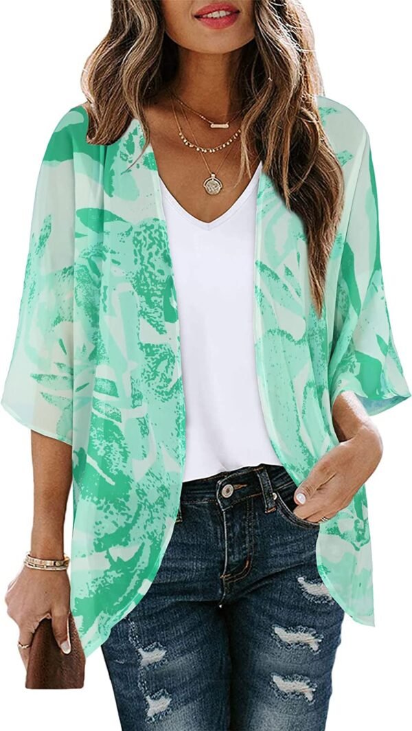 Women's Floral Print Puff Sleeve Kimono Cardigan Loose Cover Up Casual Blouse Tops