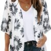 Women's Floral Print Puff Sleeve Kimono Cardigan Loose Cover Up Casual Blouse Tops