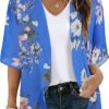 Women's Floral Print Puff Sleeve Kimono Cardigan Loose Cover Up Casual Blouse Tops