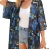 Women's Floral Print Puff Sleeve Kimono Cardigan Loose Cover Up Casual Blouse Tops