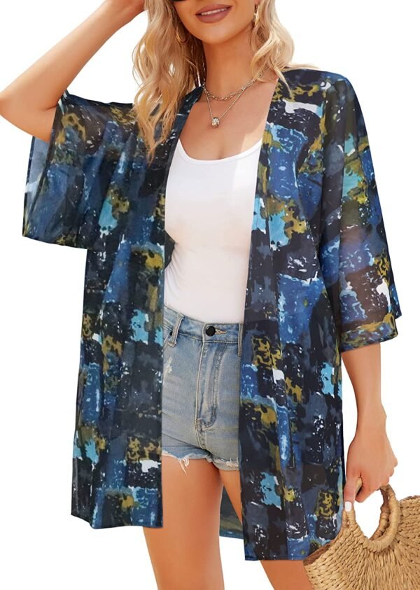 Women's Floral Print Puff Sleeve Kimono Cardigan Loose Cover Up Casual Blouse Tops
