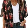 Women's Floral Print Puff Sleeve Kimono Cardigan Loose Cover Up Casual Blouse Tops