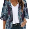 Women's Floral Print Puff Sleeve Kimono Cardigan Loose Cover Up Casual Blouse Tops