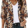 Women's Floral Print Puff Sleeve Kimono Cardigan Loose Cover Up Casual Blouse Tops