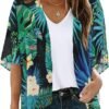 Women's Floral Print Puff Sleeve Kimono Cardigan Loose Cover Up Casual Blouse Tops