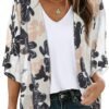 Women's Floral Print Puff Sleeve Kimono Cardigan Loose Cover Up Casual Blouse Tops