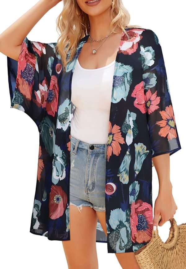 Women's Floral Print Puff Sleeve Kimono Cardigan Loose Cover Up Casual Blouse Tops