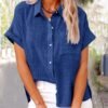 Women's Solid Color Pocket Short Sleeve Cotton Shirt