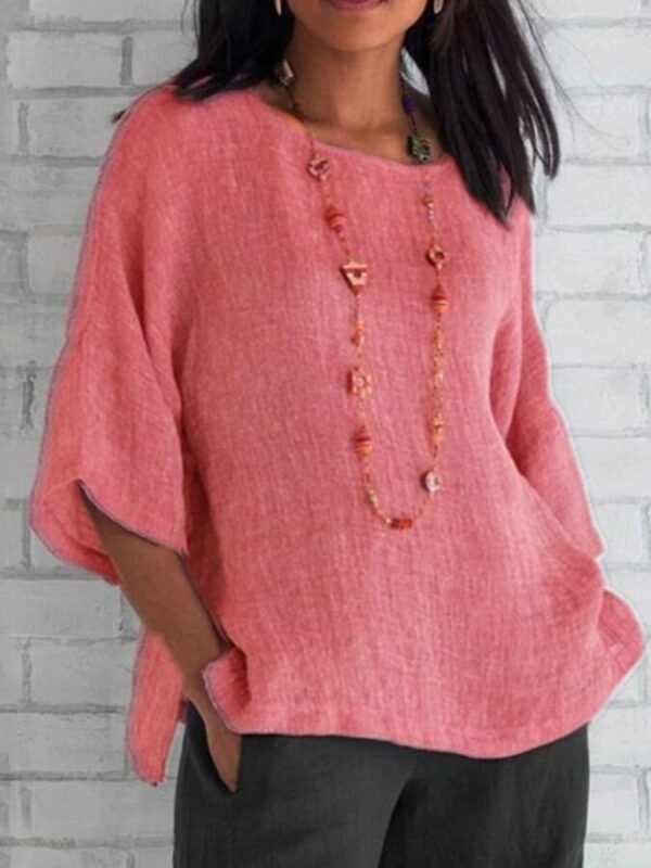 8ae7794721cb53335e46de79ae5be40e.jpg Women's Cotton Linen Three-quarter Sleeve Crew Neck Shirt