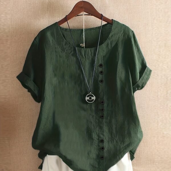 Plus Size Solid Button Decor Short Sleeve T-shirt, Women's Plus Casual Round Neck Tee