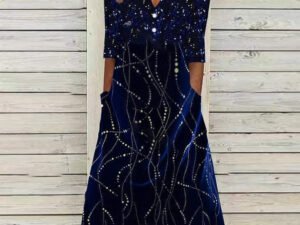 Midnight Blue Constellation Line Print Side Pocket Midi Dress