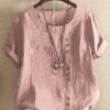 Women's Vintage Cotton Linen Button Crew Neck Short Sleeve T-Shirt