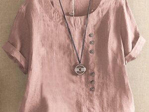 Women's Vintage Cotton Linen Button Crew Neck Short Sleeve T-Shirt