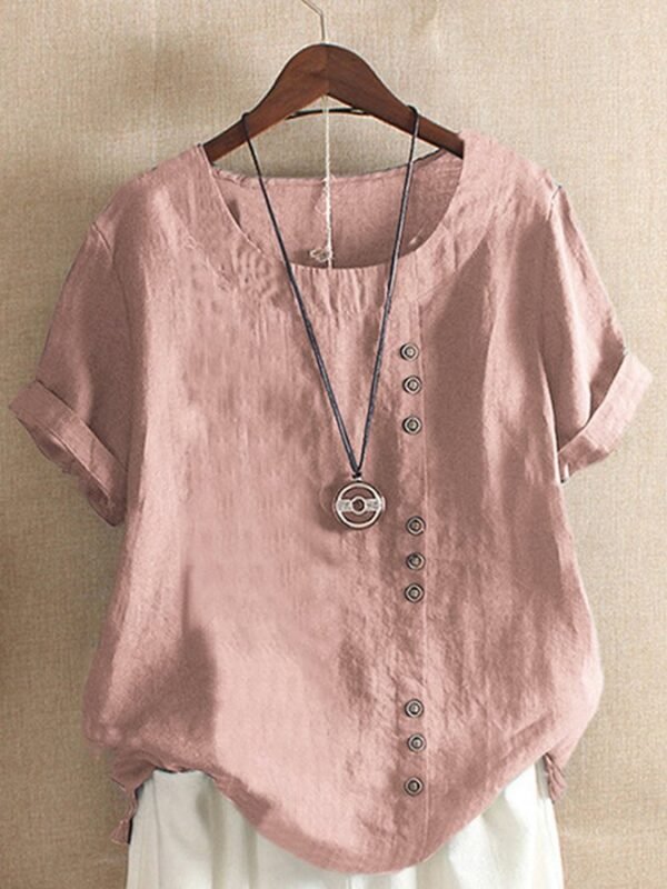 Women's Vintage Cotton Linen Button Crew Neck Short Sleeve T-Shirt