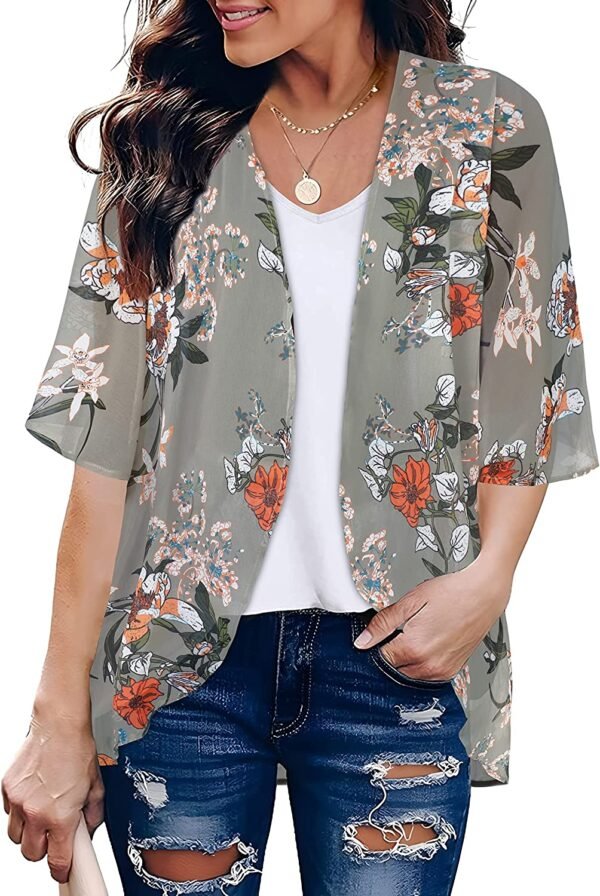 Women's Floral Print Puff Sleeve Kimono Cardigan Loose Cover Up Casual Blouse Tops