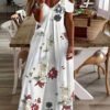 Casual Floral Print Panel V-Neck Short Sleeve Maxi Dress